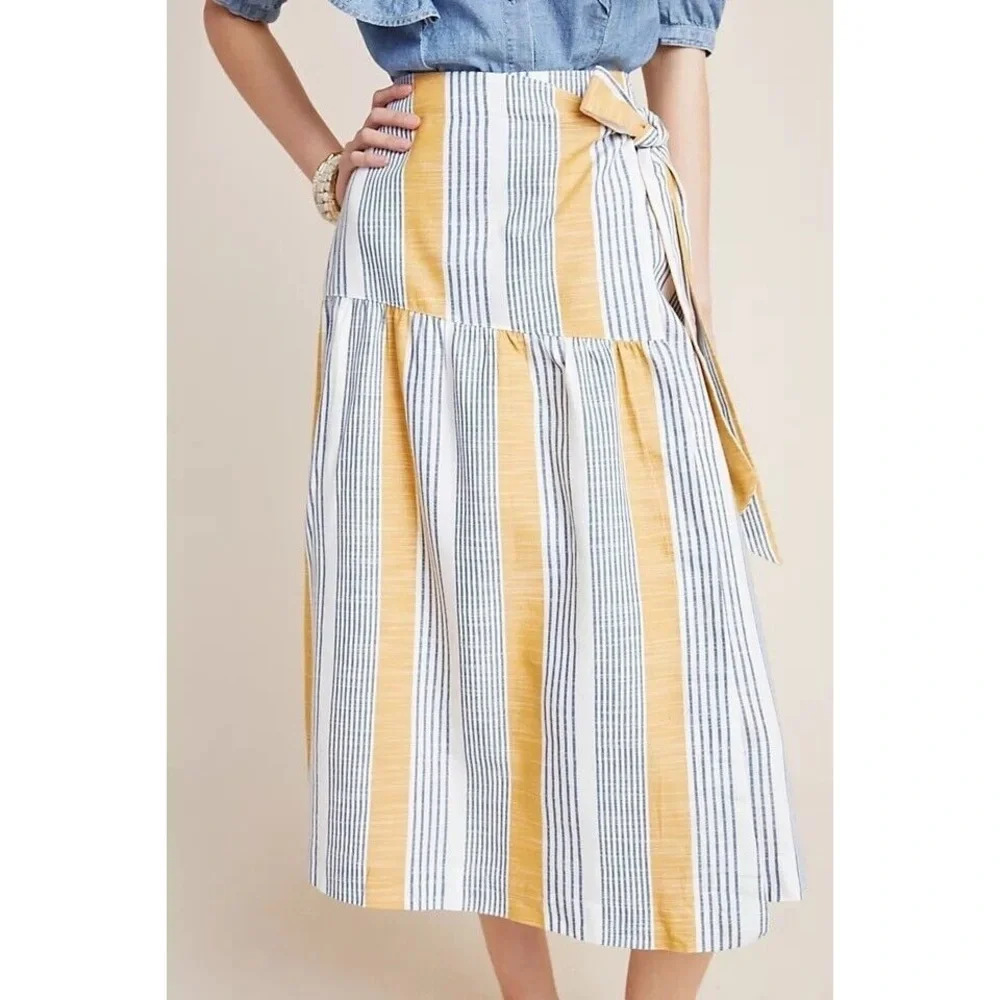 Maeve Anthropologie Skirt Striped Wrap Midi Lagenlook Coastal - Picture 1 of 13